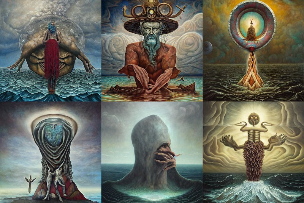 Poseidon by Jeffrey Smith, Leonora Carrington, and Mario Nevado, oil on canvas