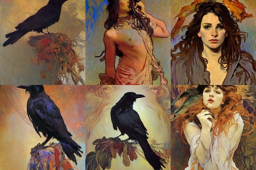 raven artwork by Alphonso Mucha, art by Jenny Saville, dramatic lighting, art by Francisco De Goya, Super-Resolution, art by Claude Monet, art by Nicolas Poussin, autumn inspired