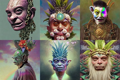 anthropomorphic d 2 0 goblin head in opal darkiron mr. bean rainbow meme head, white lilies, akira vibes, symmetrical face and body, vapourwave flowering iridescent pineapples + orchids, THE SAMURAI  IS WRAPPED IN CHAINS, painting by gaston bussiere, micro pov