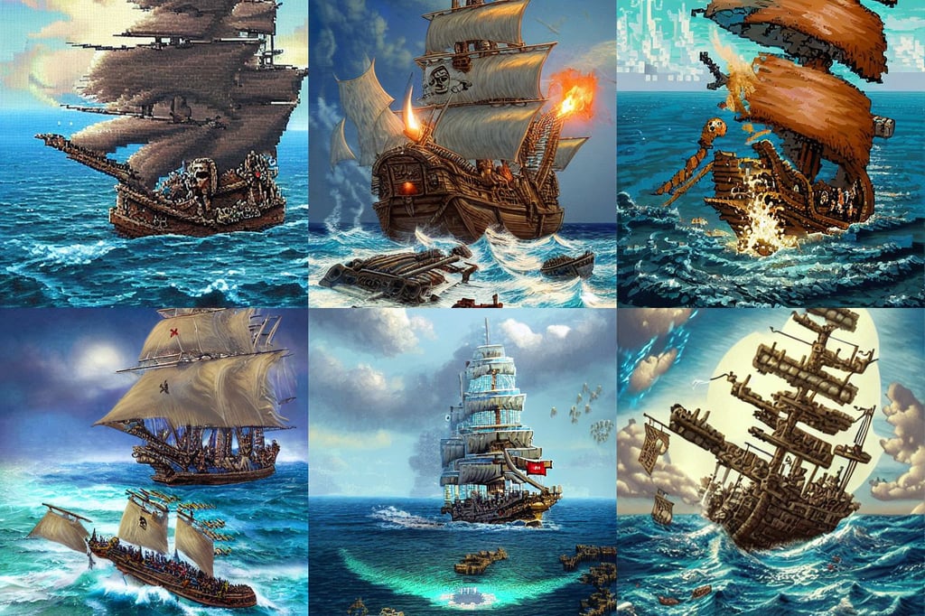 Pixelart of a pirates battles in the ocean, Maya Ali as a cyber sorceress, cat face, art by Ted Nasmith, clear stream, short brown hair, heavily detailed, straight blonde hair, futuristic typography