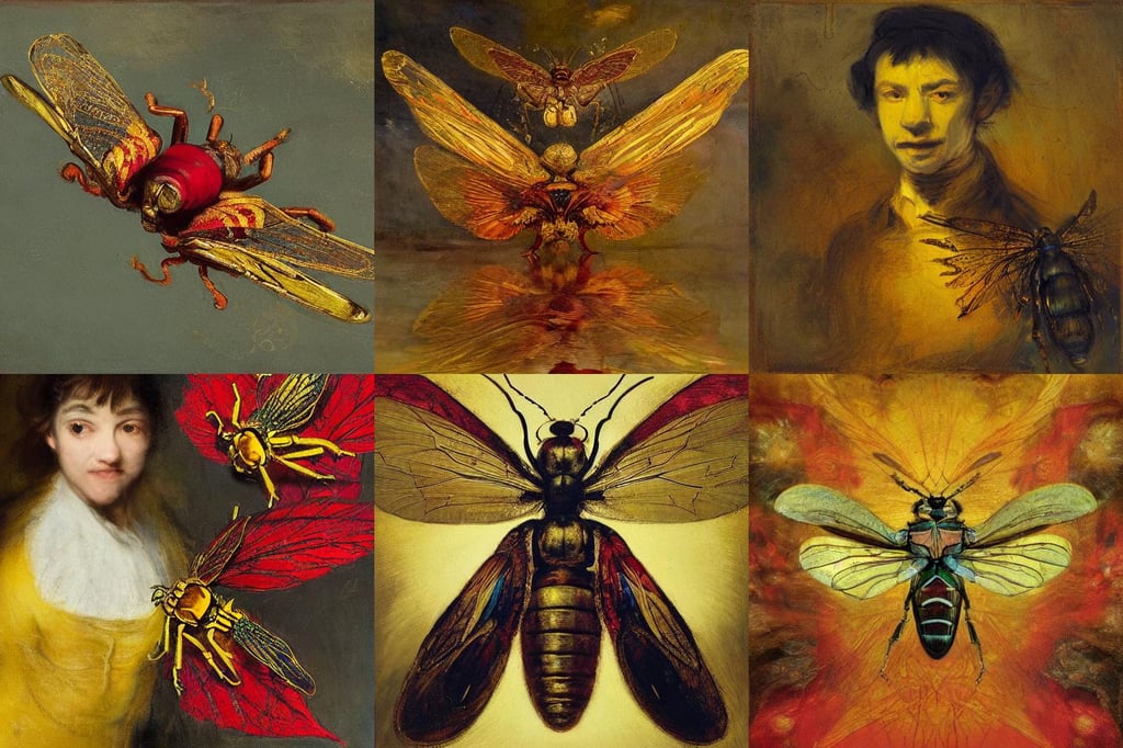 i'm waiting to much, art by Joseph-mallord William Turner, art by Rembrandt Van Rijn, yellow, art by Domenikos Theotokopoulos, cinematography, insect wings, red oil, intricate details, art by Andy Warhol, intricate details, art by Domenikos Theotokopoulos, De-Noise, art by Sir Peter Paul Rubens, in the Style of Hayou Miyazaki, art by Caspar David Friedrich, art by Joan Miró