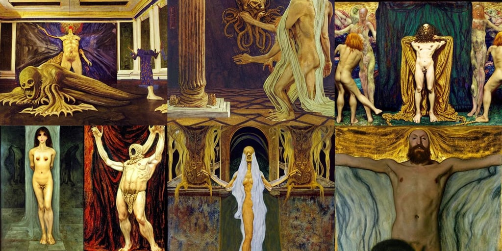 In His House at R'lyeh Dead Cthulhu waits dreaming, art by Nicolas Poussin, Full body image, art by Gerhard Richter, dressed with white silk with gold ornaments in the edge, night, art by Tommaso Masaccio, art by Gustav Klimt