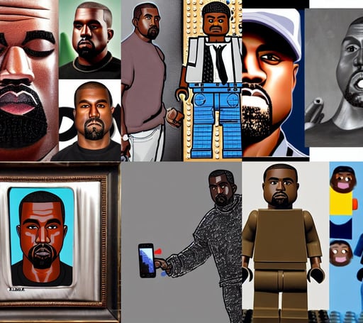 “ concept art of kanye west in legos movie, dad bod, made of liquid metal and marble, two hands selfie, retro