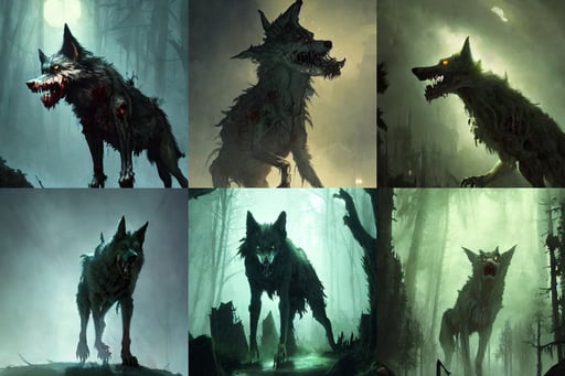 a giant zombie wolf, very dark ambiance, professional character concept art by tatyana kupriyanova and greg rutkowski and raymond swanland, pale green backlit glow