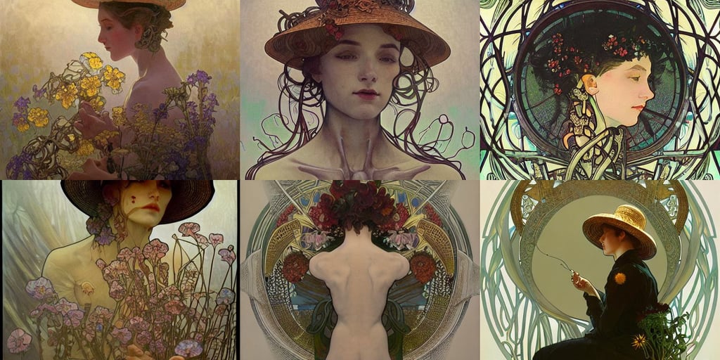 intricate bio - mechanical human organs intertwined with bio - mechanical flowers, Artem Demura and Alphonse Mucha, wispy smoke, dense fog, evil a. i., very very clean, hyperreal, cottage core, wearing straw hat, apocalyptic