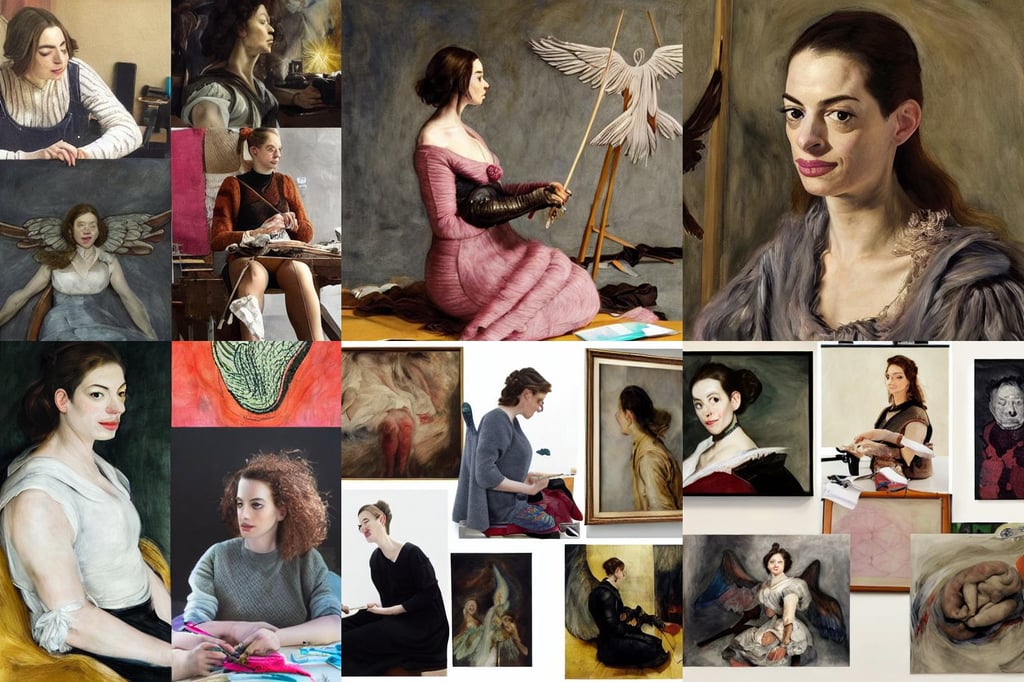 anna hathaway in poor clothes sitting and knitting crochet, art by Diego Velázquez, art by Jenny Saville, art by Hilma Af Klint, Accent Lighting, beautiful aesthetic, granblue fantasy, the big bang, The Terminator, Animation Concept Art, sitting at a workbench, art by Sir Peter Paul Rubens, spreading wings, art by Jean-michel Basquiat, art by Mark Rothko