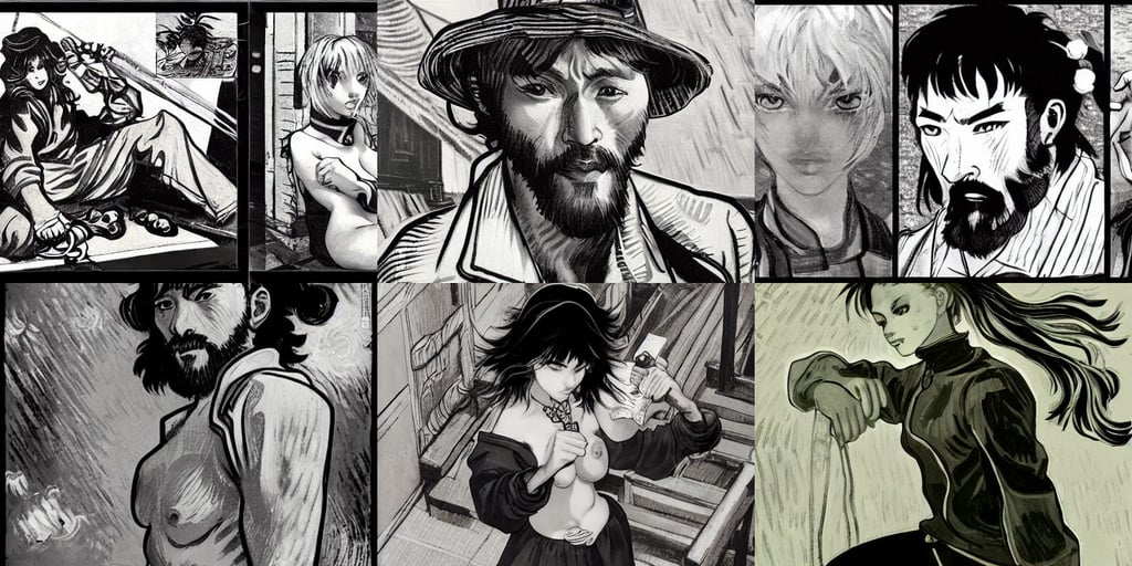 drunky homeless freedom black and white drawing, art by Vincent Van Gogh, art by Paul Gauguin, art by Édouard Manet, art by Artemisia Gentileschi, quality render style of Masamune Shirow and Tsuaii, Brian Sum