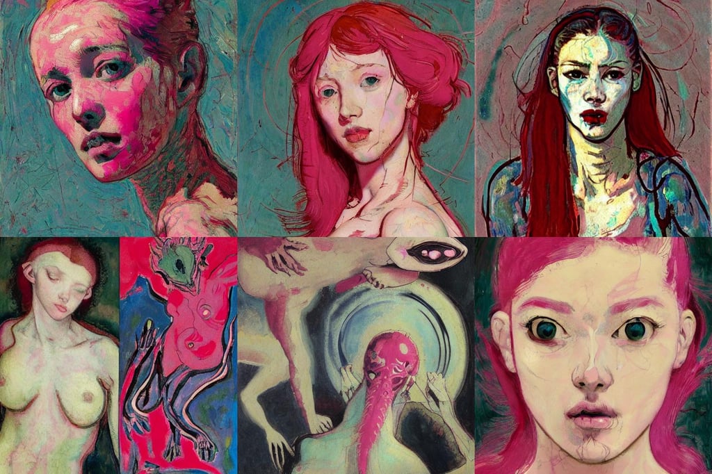 a beautiful girl with pink hair, digital painting, art by Jackson Pollock, art by Raffaello Sanzio, symmetrical, art by Paolo Uccello, creature xenomorph monster fetus, art by Tommaso Masaccio, art by Wassily Kandinsky, octane render, art by Vincent Van Gogh, art by Paolo Uccello