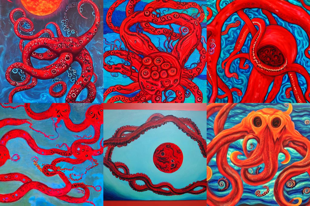 Blood moon tentacles, outsider art, oil on canvas