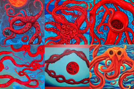 Blood moon tentacles, outsider art, oil on canvas