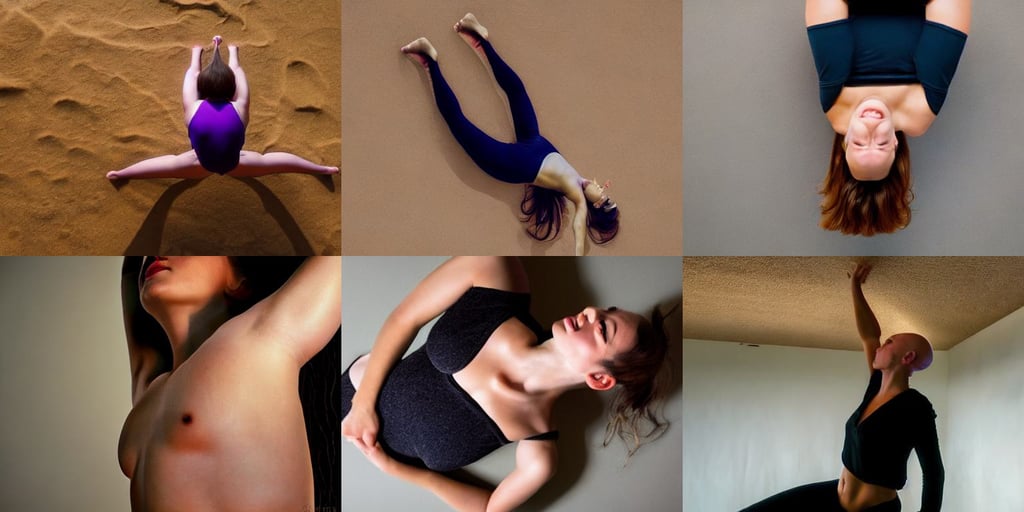 high angle photo of a gorgeous young woman in the style of stefan kostic, asura arms, standing upside down on the ceiling. he is bald and clean shaven, sand