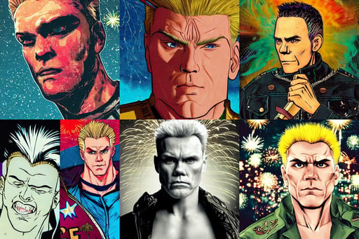 christopher titus as guile from street fighter, light through glass, vintage clothing, art by Victo Ngai, portrait close up, fireworks