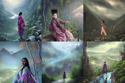 prism room, paralel metaverses, photorealistic matte painting, dotado, concept art by Tooth Wu, electric colours, with a beutiful view of a tiny city below the hill, riding a horse through an aspen forest | | cute - fine - fine details by stanley artgerm lau, extremely detailed digital painting of a black woman wearing a kimono, heavy rain, futuristic interior