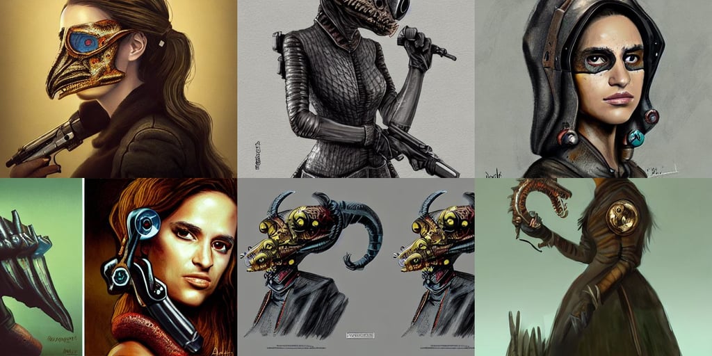 portrait of alicia vikander, plague mask, sci-fi dragon made revolver gun, slimy toads, concept art by jason a. engle