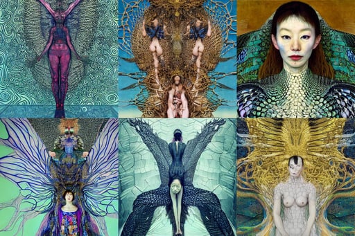 her name is Sukare Yohasu, surprised and shocked expression, art by Albrecht Dürer, art by Gustav Klimt, spreading wings, photo, lizardscaled lattice buildings smeared in mercury are designed by iris van herpen, portrait, cyan