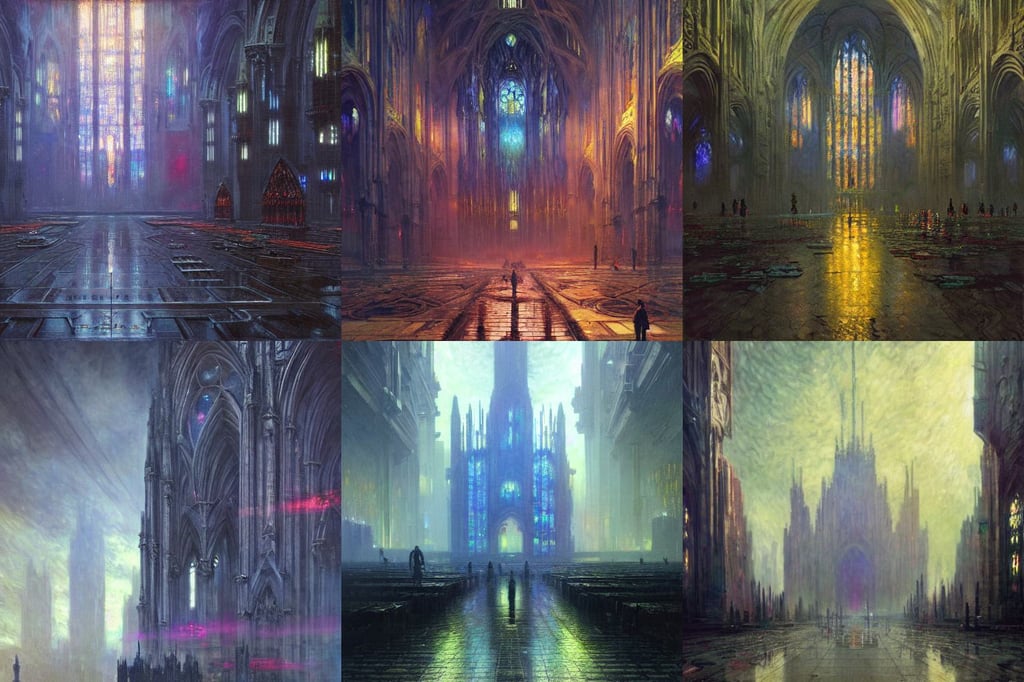 A cyberpunk cathedral by Greg Rutkowski and Claude Monet, oil on canvas