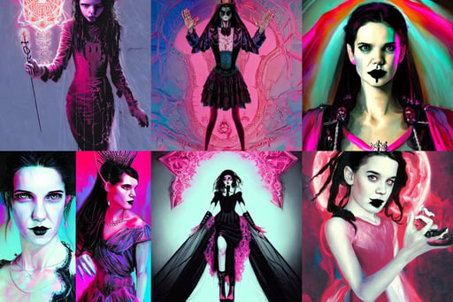 symmetry! portrait of young katie holmes as a goth bride, fine details. red, hyper realistic lighting, wayne haag, contrast, surrealism!!!!, Tumblr, cyan pink and white color scheme, by greg manchess and by craig mullins and by kilian eng and by jake parker, female magician casting a spell with fireballs in her hands, james cameron