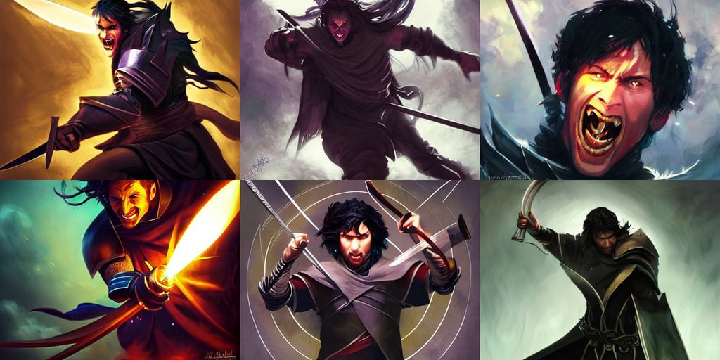 action portrait of a magic knight fighting while casting spells with his swords, marvelous, art by artgerm and greg rutkowski, evil smile, epcot, lush black hair, scary lighting, a mean, intriguing, making insane faces, gems