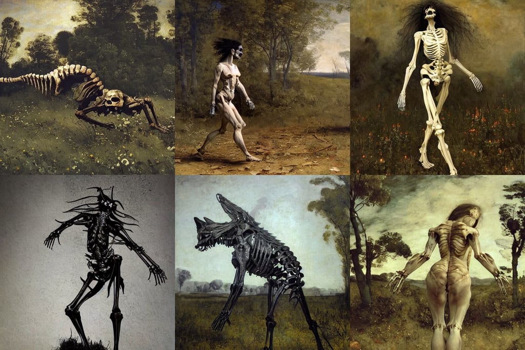 skeletal wolf walking through fire, Clear Reflections, art by Gustave Courbet, Flowers and Lush Vegetation, textured skin, a haunting scene, art by Artemisia Gentileschi, fullbody, Octane render, lizardscaled lattice buildings smeared in mercury are designed by iris van herpen, art by Francisco De Goya, St..., black grass, art by Henri Matisse, Oxidian