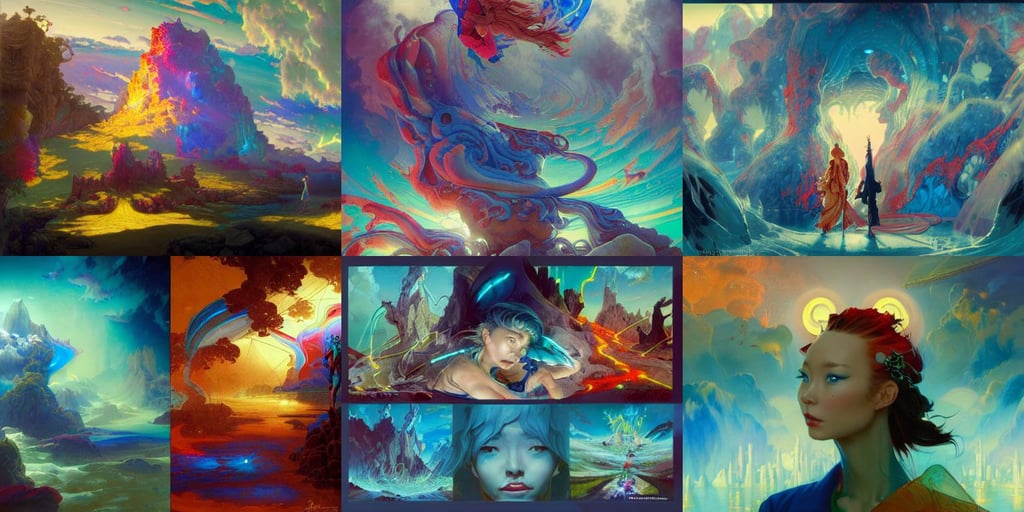 an epic dreamscape, concept art by peter mohrbacher, Norman rockwell, iridescent cool blue and cyan and red and blue and yellow and green lighting front view futuresynth, arney freytag, & jeehyung lee & wlop, Neon Lights, art by shintaro kago and james jean, digital painting by Rembrandt and Thomas Kinkade and Greg Rutkowski, neo expressionism art, phuoc quan