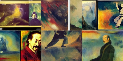 Alan Watts as a Zen kung fu master, art by Gerhard Richter, extreme quality, art by Wassily Kandinsky - Photo, art by Joseph-mallord William Turner, portrait of a an astronaut, Ultra HD, art by Paul Gauguin