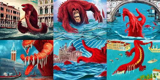 water leviathan attacks venice, by jama jurabaev, giant red orangutan climb on top of it, by emylie boivin and rossdraws, well - built