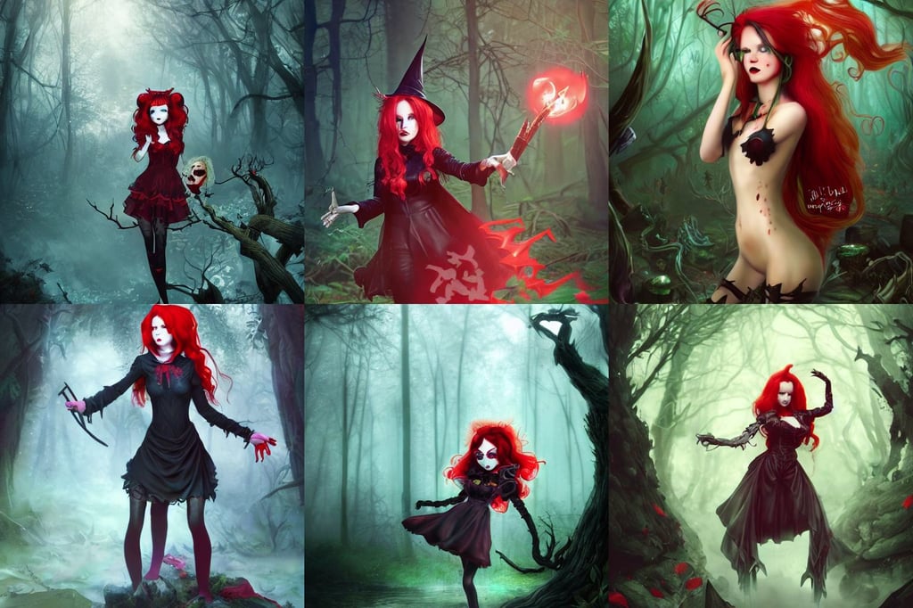 satanic chibi witch in the evil forest, shiny shapes, red sexy lips, movie still harry potter, the man has long red hair, 4K trending on artstation by peter mohrbacher, fractal wonderland fantasy - rays, britt marling style 3 / 4 photographic close, d&d magic fantasy, floating under water, techwear