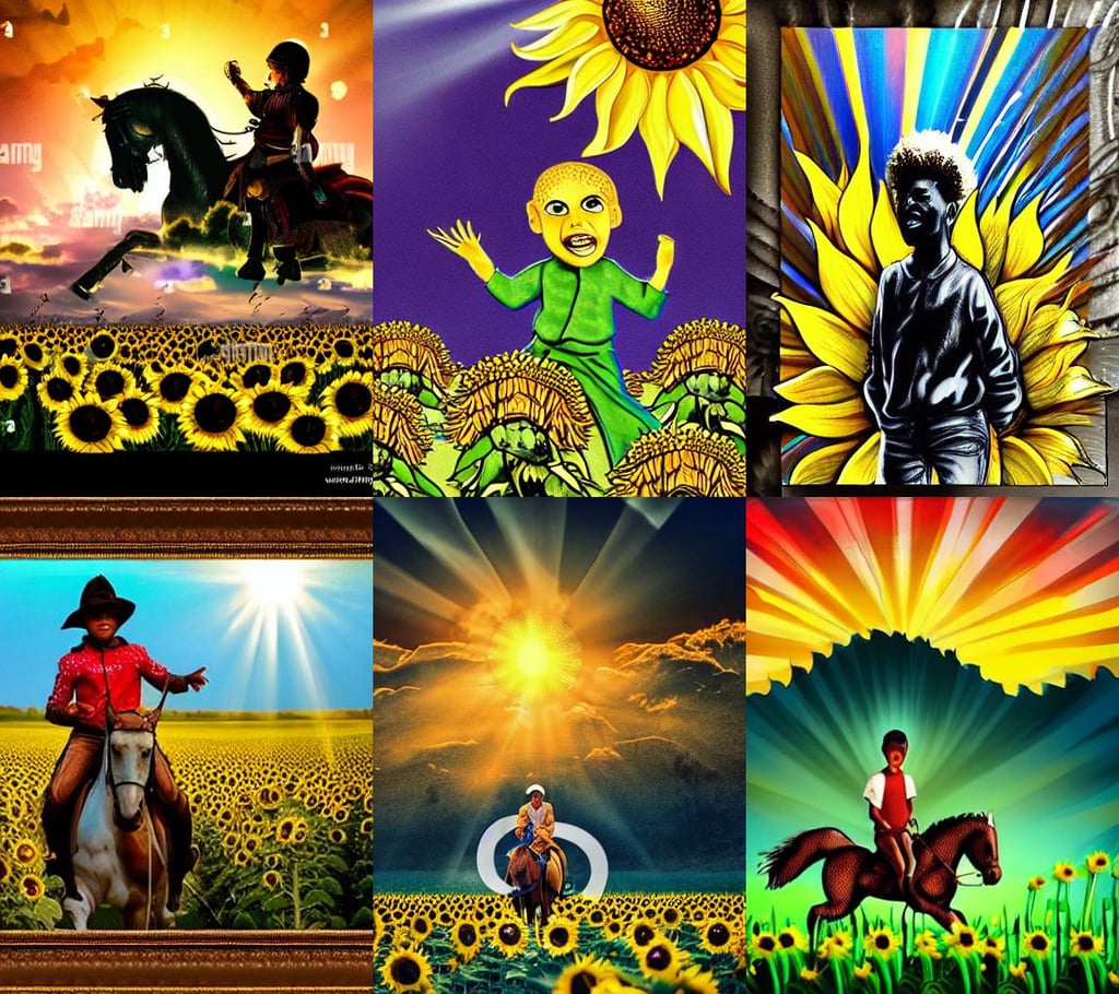 young prince, scary - face, riding a horse in a sunflower field, sun light rays, metallic iredes, war-art style