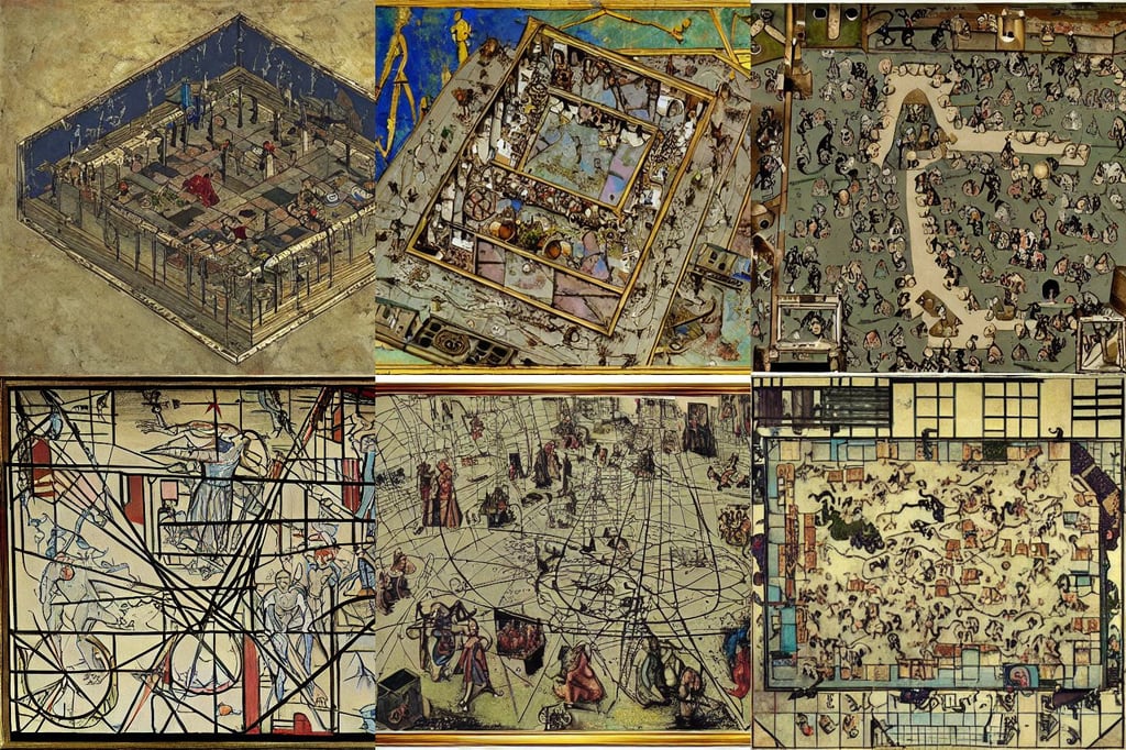 isometric table top gaming dungeon map, full figure drawing, art by Jackson Pollock, gold necklace--iw 1.1, a haunting scene, insanely detailed, in the suburbs, art by Piero Della Francesca