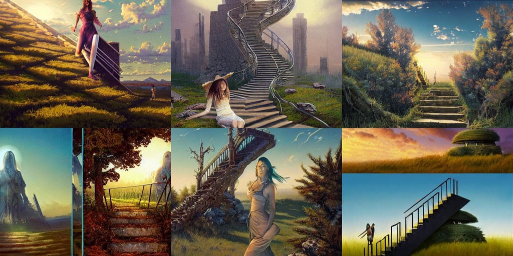 the stairways to heaven in the steppe, by Terry Richardson, sci fi setting, megan fox, bright white castle stones, evergreen branches, glitch, art by artgerm and greg rutkowski and concept art, oil on canvas by william sydney mount, digital art painting by greg rutkowski, sun set and skyscrappers in the background