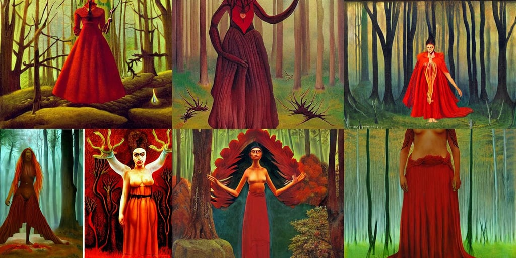 Anthropomorphic Female Fire/Water Religious Shaman, art by Caspar David Friedrich, art by Magdalena Carmen Frida Kahlo Claderón, forest dwelling humanoid, red, forest with symmetrical trees in the background, volumetric light