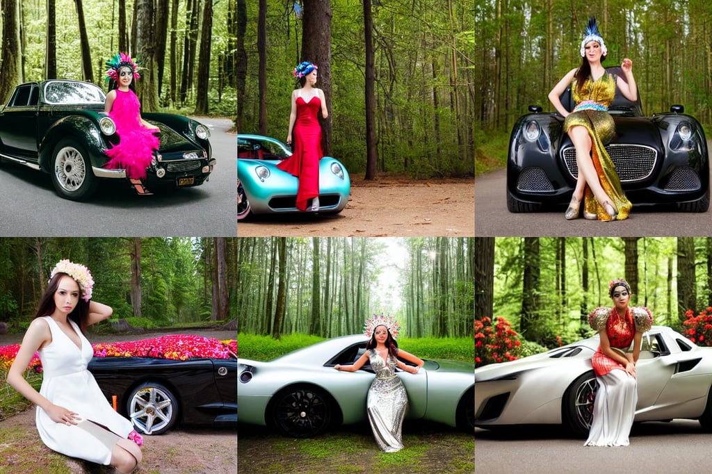 car show girl with low cut shiny dress sit on sports car. symmetry face, unusually unique beauty with large elaborate headdress of flowers and plants and vegetables, grim yet sparkling atmosphere, bow, blurred forest background