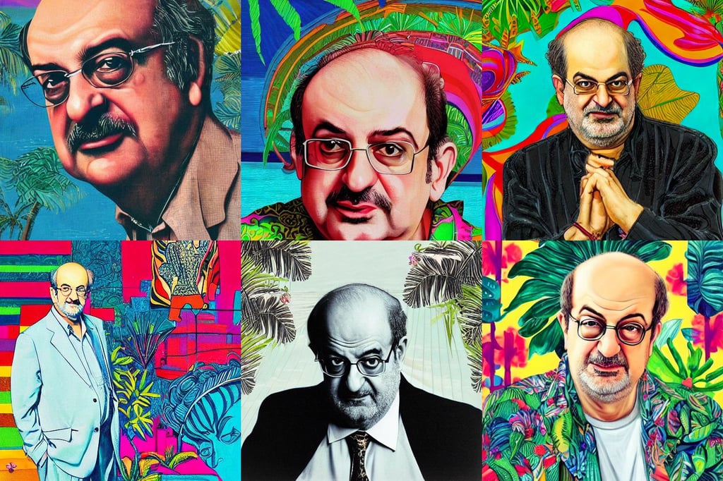 portrait of salman rushdie, embellished annie stegg, sovietwave aesthetic, intricate architectural detail, tropical background