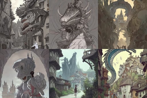 beautiful village around an ancient dragon head, white grey! thin beard, in the style of artgerm and greg rutkowski and alphonse mucha, Howl's Moving Castle, sorrow and despair