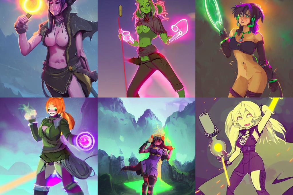 a female orc with dull fangs and olive green skin | | very anime, yellow - orange eyes, large castle high up in a mountain peak in the background, breaking a telephone pole, glowing violet laser beam eyes, by mignom and tsuaii, delicate figure, alice in wonderland, colorful neon signs, league of legends concept art, creek, wearing scratched and ripped short leather jeans, amazing textured brush strokes, silk dress, extremly detailed digital painting