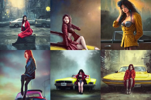 a beautiful girl with jacket and bra sitting near the old yellow car | | realistic shaded, planet landscape, painted by artgerm and tom bagshaw and luis royo, bright neon signs, significant pebbles boundaries, cinematic lighting by liam wong, piercing eyes, old - trimmed uniform with a red sash around his waist, she is wearing a wet coat, incredible art by Anton Pieck, by james jean and greg rutkowski and artgem and gustav klimt