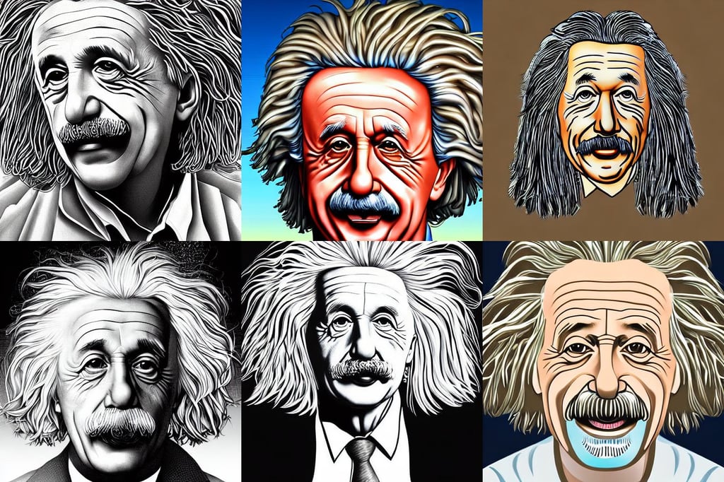 cell shaded portrait of einstein head, looking at the, by thomas eakes & xiang duan & mike judge, top angle scenic view, long blond hair, electrical details, white! dress