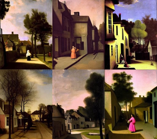 Breathe deep the gathering gloom, suburban street, dramatic lighting, pink, art by Johannes Vermeer, art by Gustave Courbet