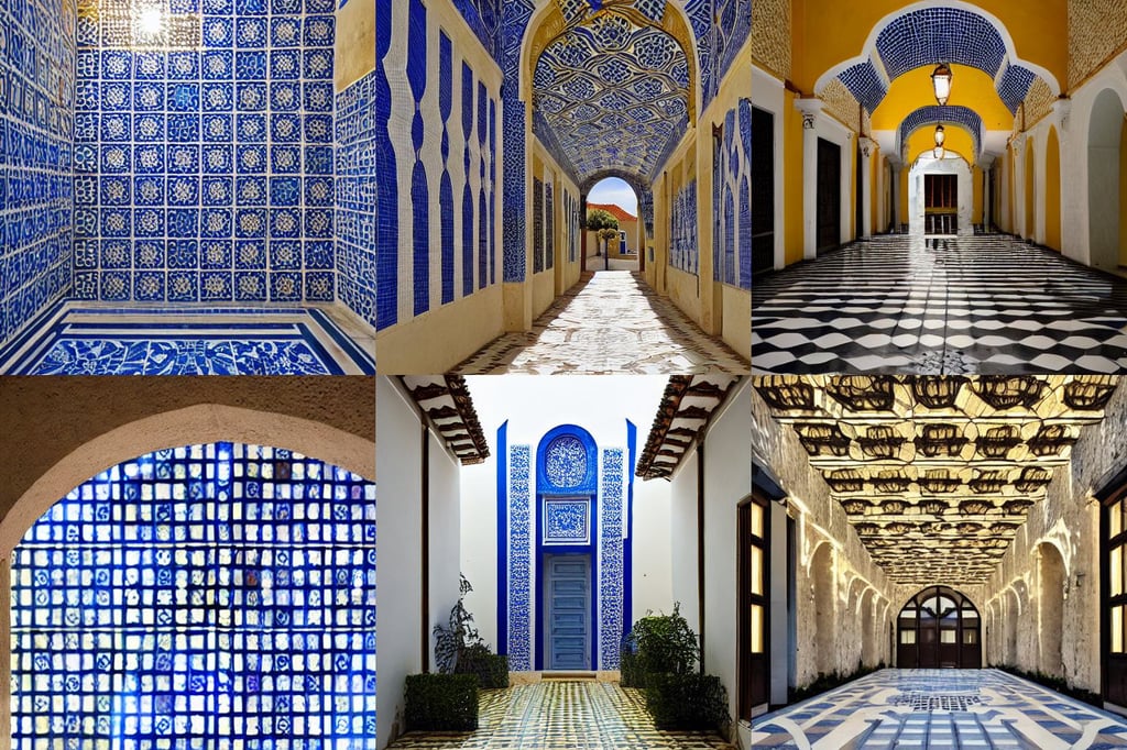 contemporary azulejo palace architecture courtyard Portugal, Accent Lighting, sharp