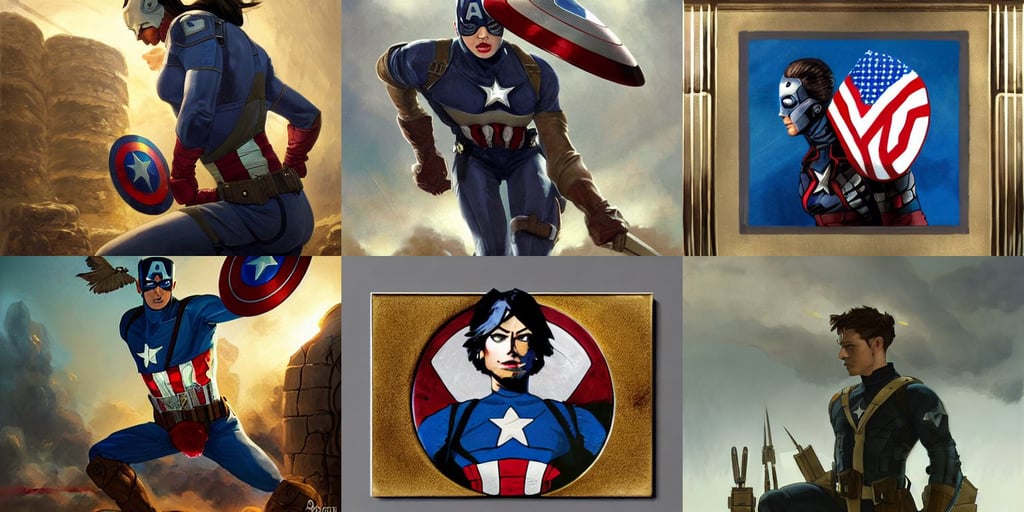 captain America as aeon flux profile picture by Greg Rutkowski, a potato dressed as a french general in a trench battle among cucumbers soldiers, holding a rectangular tower shield, bloom, digital art dynamic dramatic lightings, golden cyborg east Javan woman, by franz frazetta and marco bucci, blue decorative frame, production i. g, detailed space graphics in background