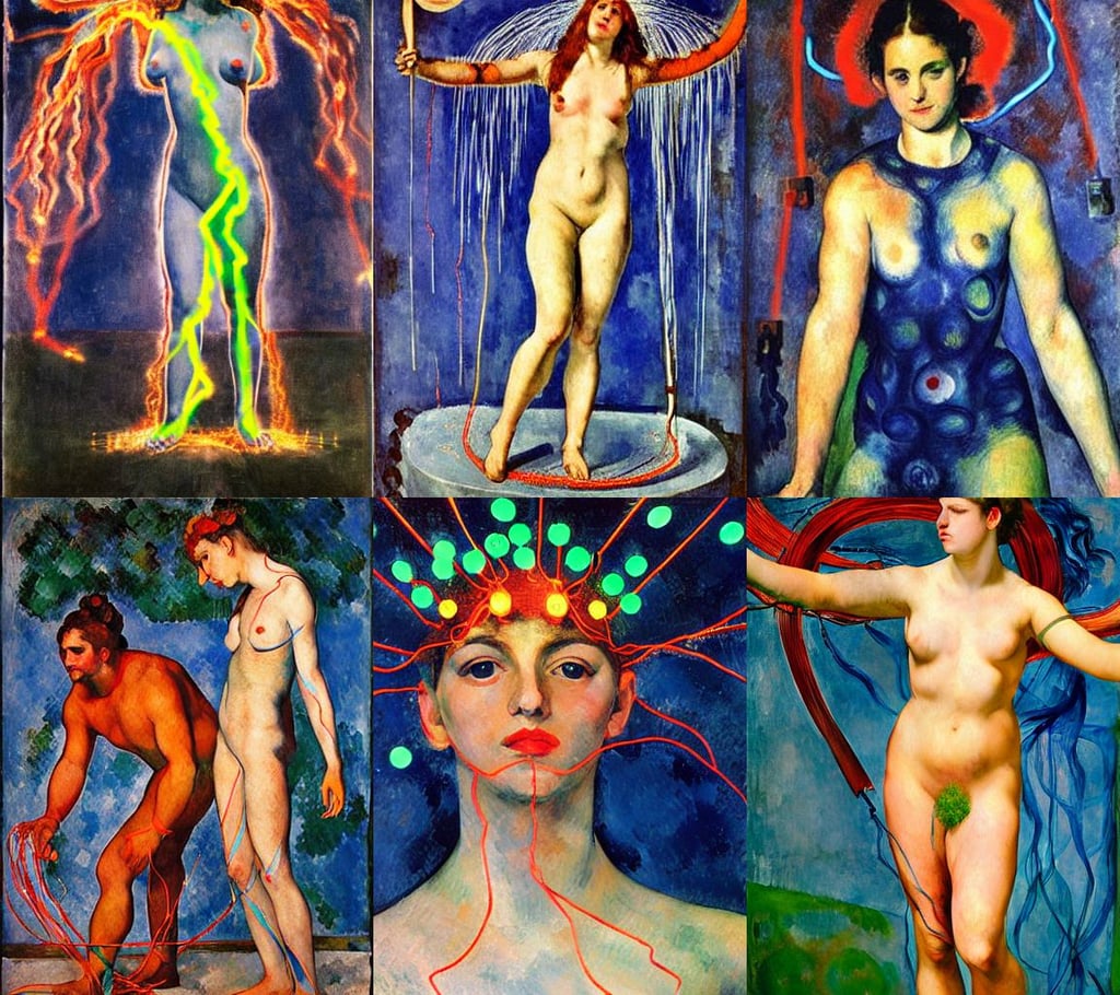 Full body portrait of the Greek Goddess of Nature, welding sparks flying, halo of light in the head, exposed red and blue wires on arms, heterochromia, volumetric light, voronoi pattern, art by Paul Cézanne, real life, art by Édouard Manet, art by Mark Rothko