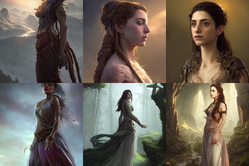 attractive female portrait, marc adamus, highly detail, flowing gown, highly detailed!, roland, art by nils hamm, and skirt, unreal engine 8k, by denis villeneuve, hands in her hair. side-view, Maya Ali as D&D sorcerer, intricate oil details, map, cinematic lighting by WLOP and greg rutkowski, grin, by annie swynnerton and charlie bowater and diego rivera and william - adolphe bouguereau, droids by moebius