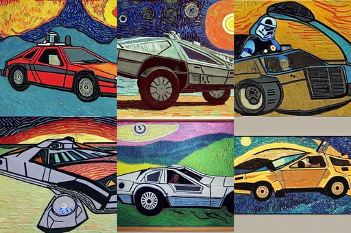 star wars landspeeder delorean, art by Vincent Van Gogh, extreme quality, art by Paolo Uccello, The Terminator, furry, intricate, art by Marcel Duchamp, sunset hair color