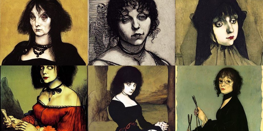 illustrated goth velma portrait, art by Albrecht Dürer, art by Francisco De Goya