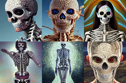 skeleton with eyes, glass skin, bright sunny day, kramskoi, unreal engine., most beautiful mosaic in the history, trending on artstation 4 k, genderless, eimbrodered clothing, sexy slim figure, bold complimentary colors. stunning masterfully illustrated by artgerm and range murata.