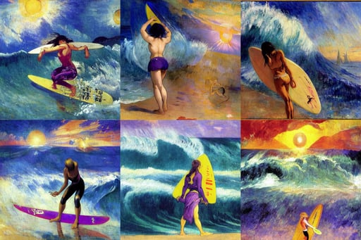 hot anime surfer girl, full hd render +4k UHD + immense detail + dramatic ligthning + black and purple, art by Paul Gauguin, book ilustration, art by Joseph-mallord William Turner, art by Eugène Delacroix, art by Sir Peter Paul Rubens, art by Andrea Mantegna, art by Gerhard Richter, banner