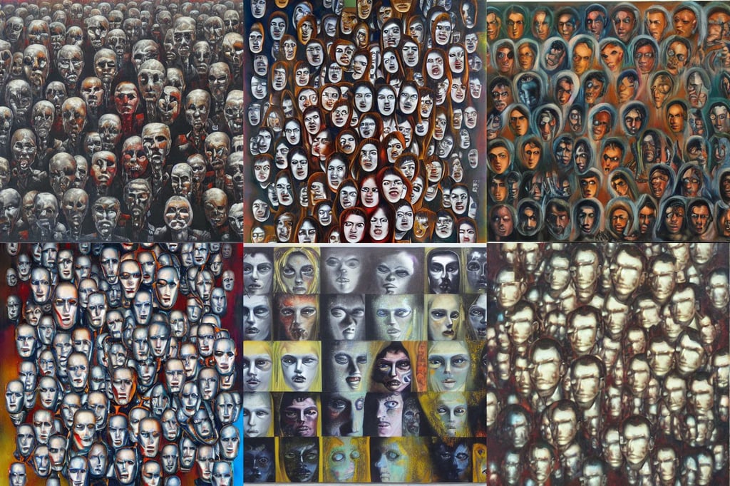 A million faces, each a million lies, For each and all a chrome disguise, by Wojciech Siudmak, oil on canvas