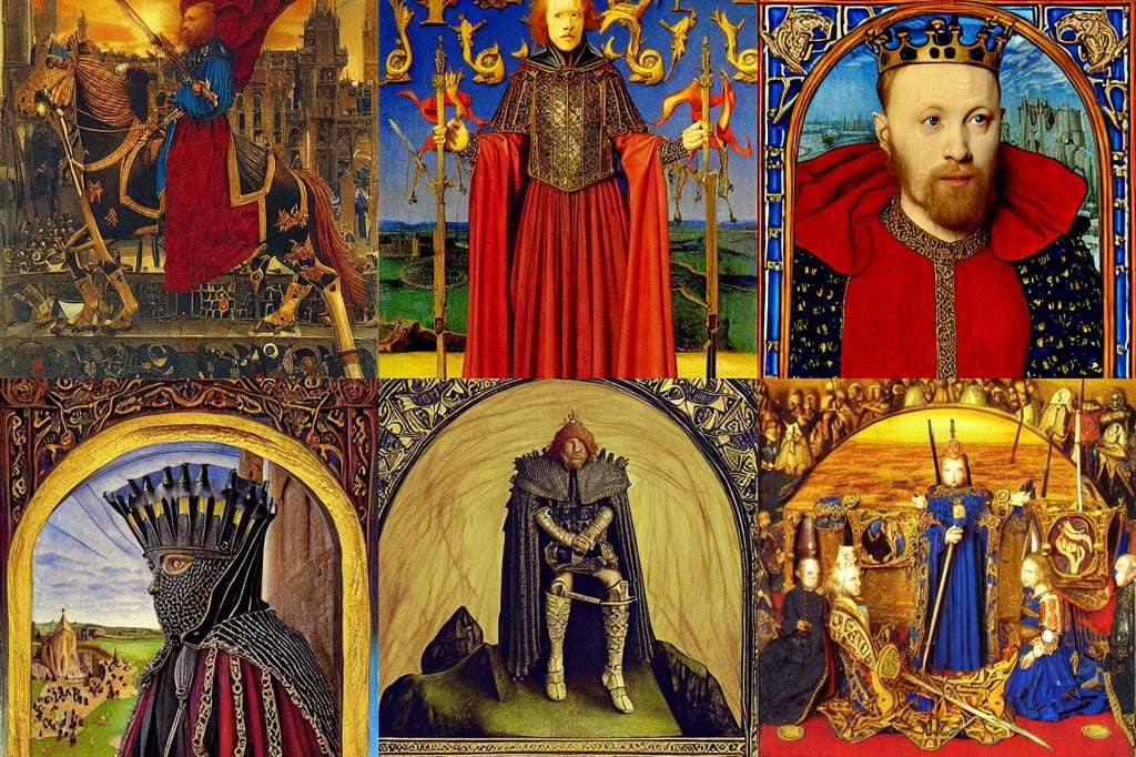 King Arthur Pendragon sigil, highly detailed, art by Jan Van Eyck, sunset hair color, art by Eugène Delacroix, Baroque Architecture, hive, Animation ..., surreal