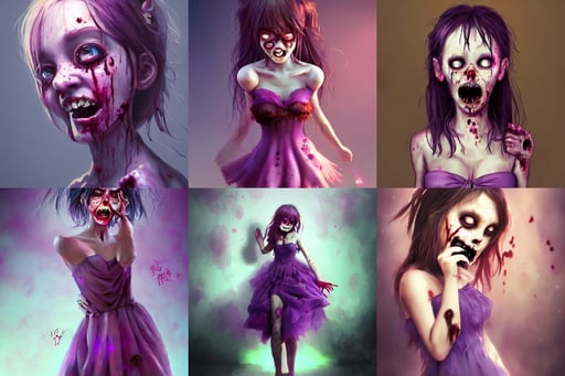 a zombie crying cute, by wlop and artgerm, wearing purple strapless dress, rob rey, colorful lighting, behance, full body shot close up