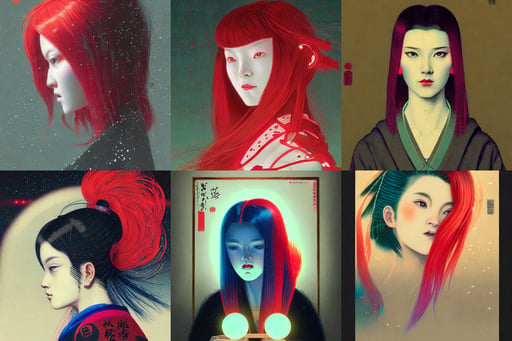 girl with red lite brite hair, portrait by Greg Rutkowski, ukiyo-e